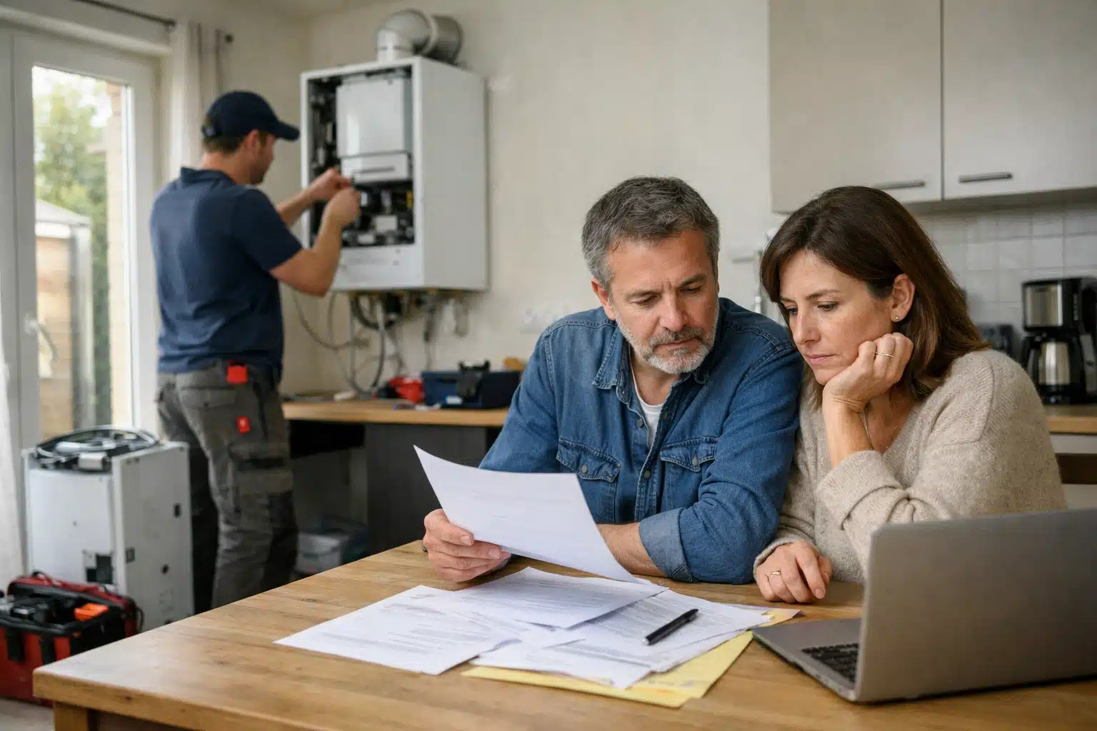 Couple examinant des documents tandis que technicien répare chaudière