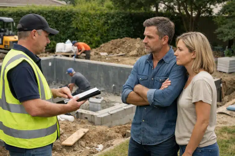 Couple discutant avec un ouvrier sur chantier