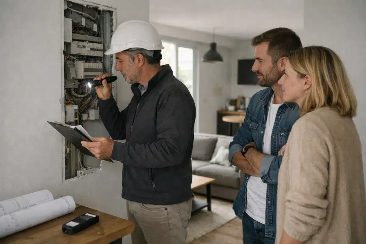 Électricien au casque vérifiant un tableau électrique devant un couple
