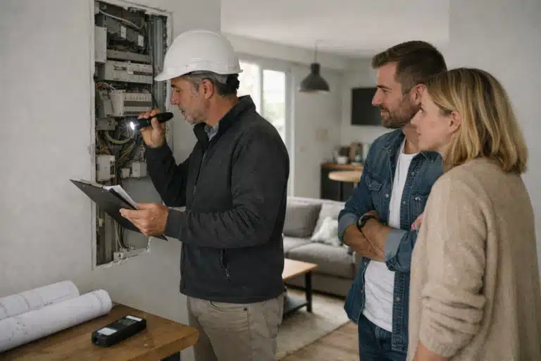 Électricien au casque vérifiant un tableau électrique devant un couple