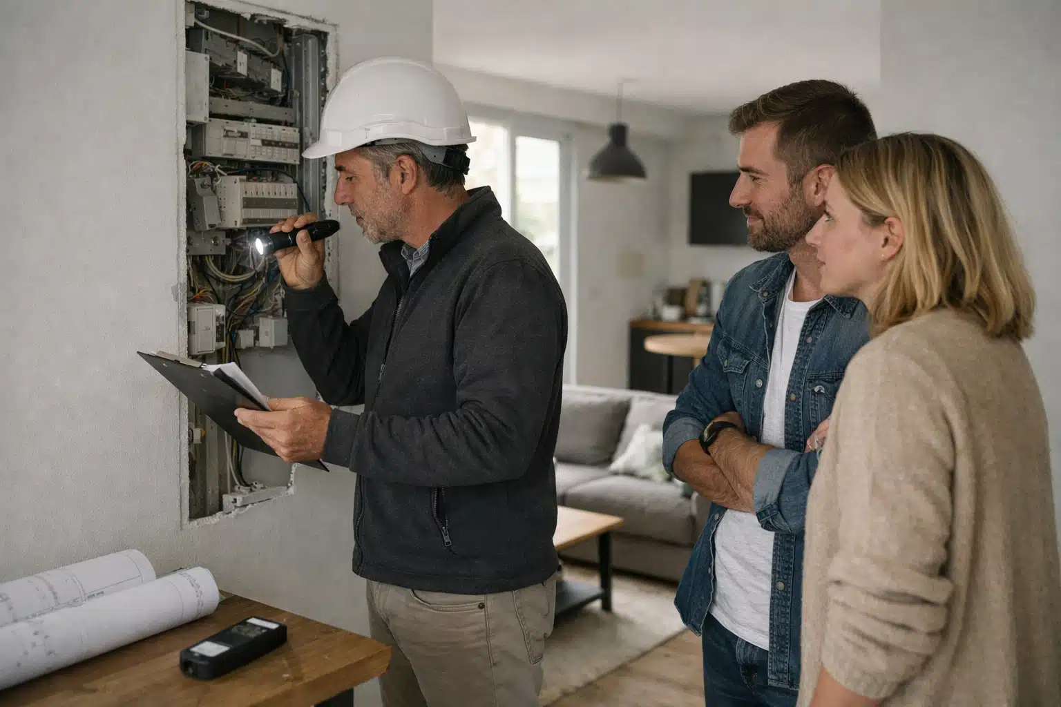 Électricien au casque vérifiant un tableau électrique devant un couple