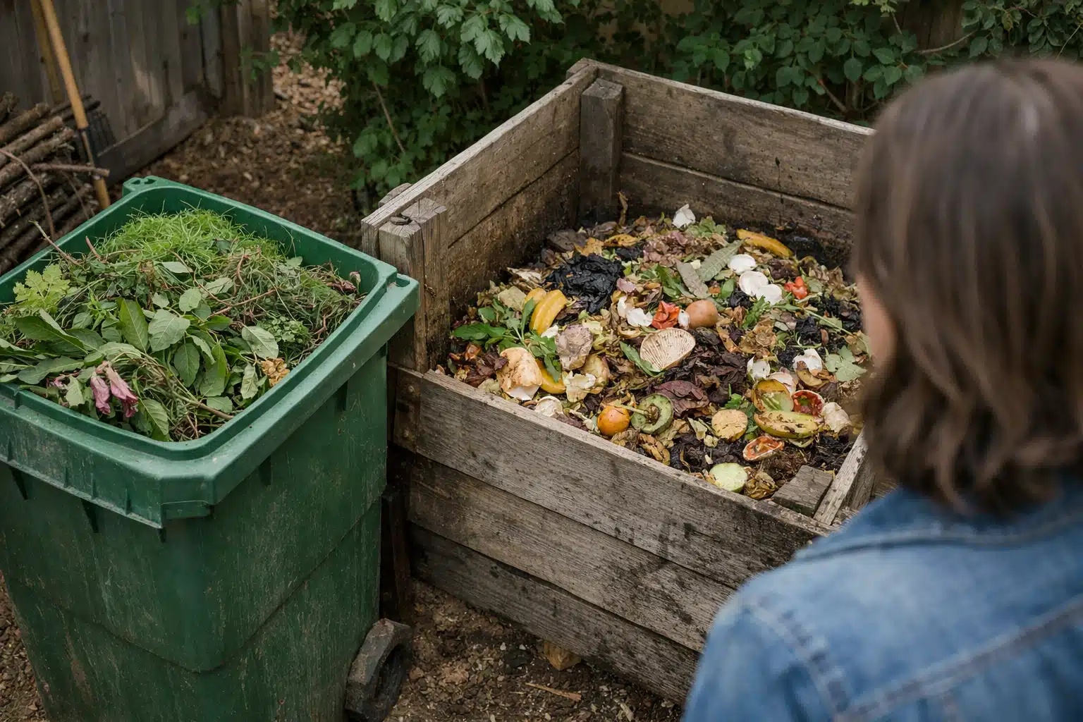 Composteur en bois rempli d'épluchures et restes alimentaires