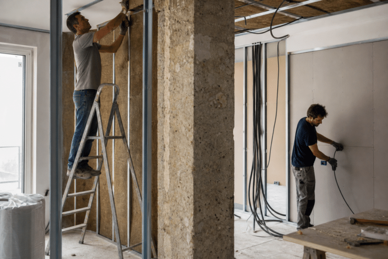 Deux ouvriers posant câblage pour installation électrique intérieure