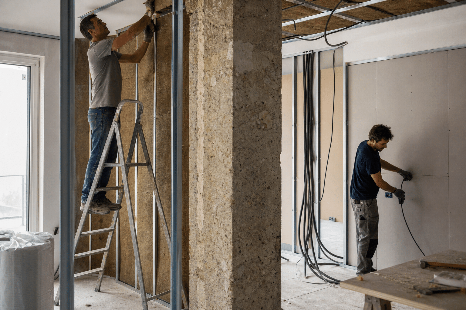 Deux ouvriers posant câblage pour installation électrique intérieure