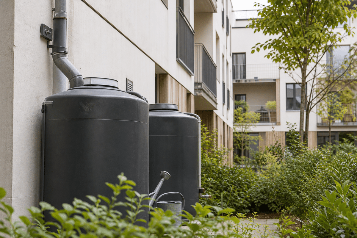 Citernes de récupération d'eau pluviale près d'immeubles résidentiels
