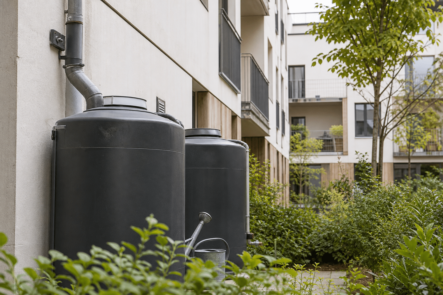 Citernes de récupération d'eau pluviale près d'immeubles résidentiels