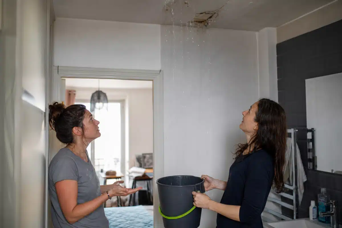 Deux femmes tenant un seau sous une fuite au plafond