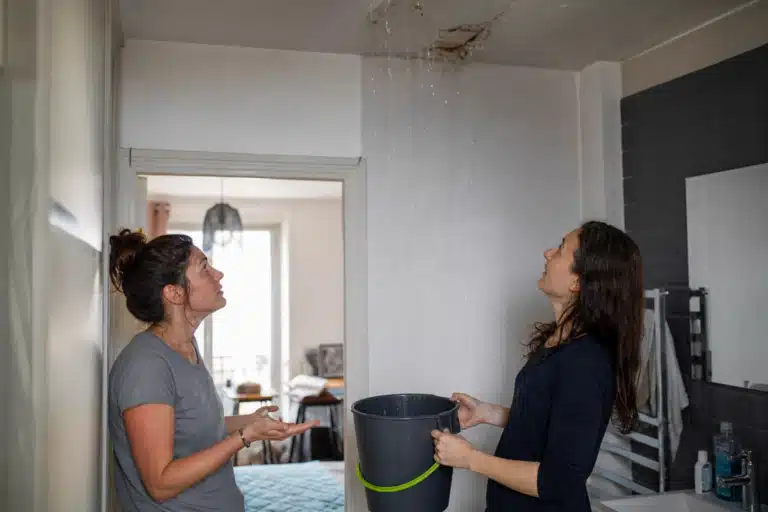 Deux femmes tenant un seau sous une fuite au plafond