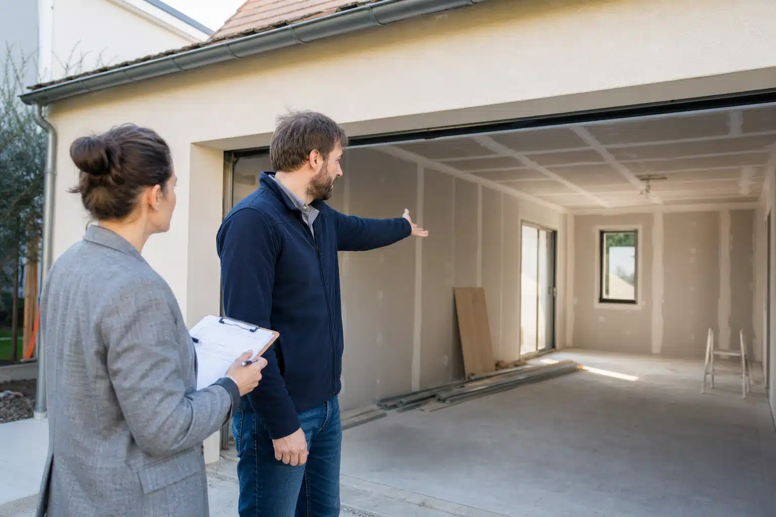 Agent immobilier montrant un garage au couple