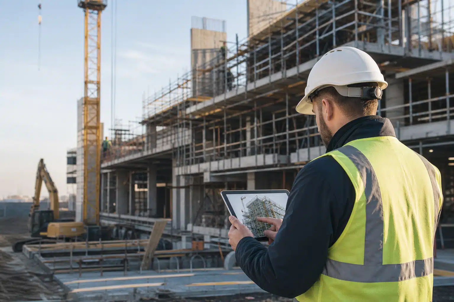 Conducteur de travaux regardant une tablette sur chantier